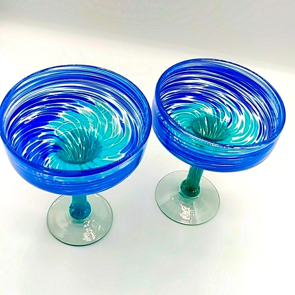 2 Hand Blown Margarita Glasses. Blue & Green Swirls. - Picture 6 of 8